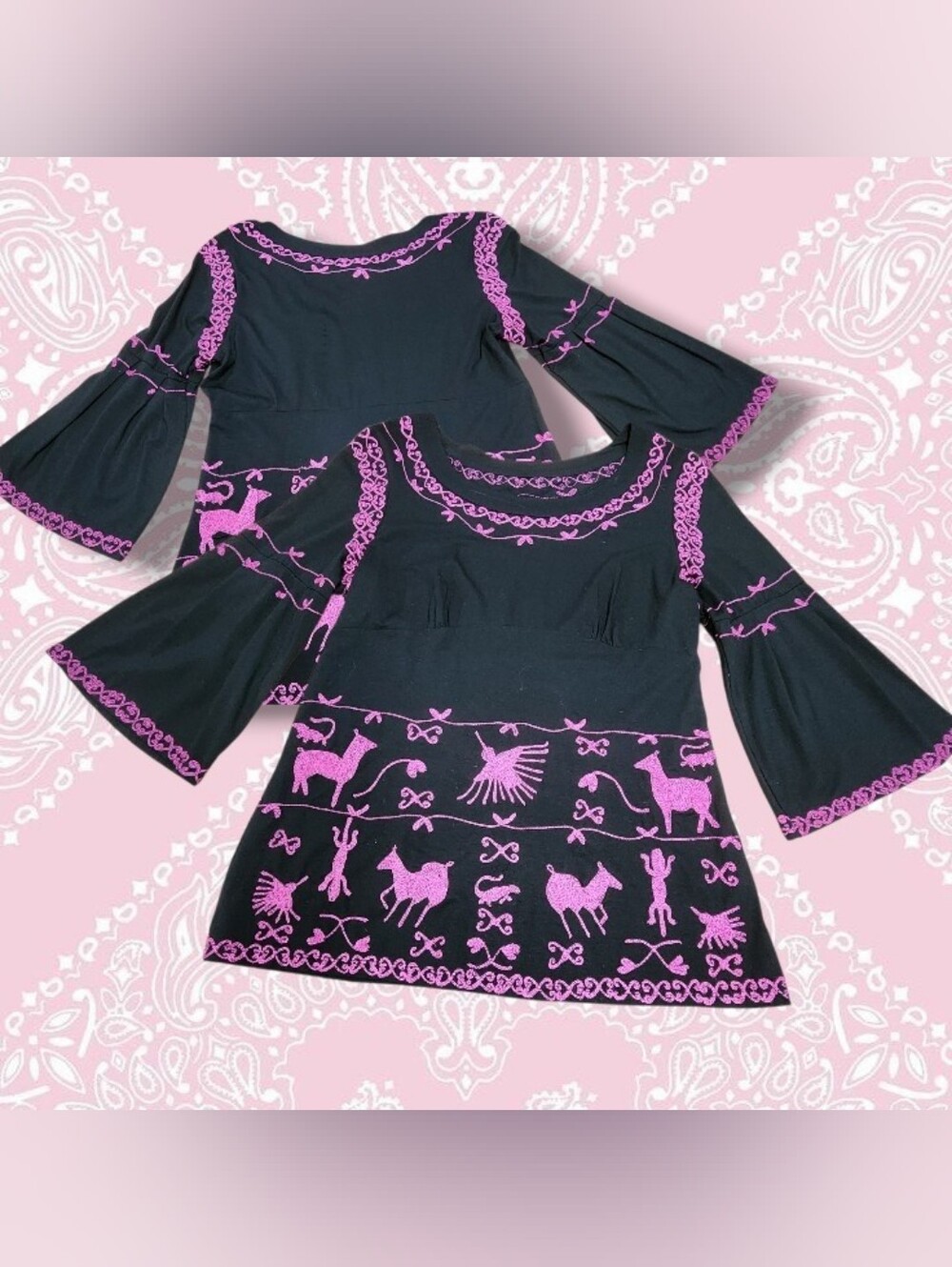 Double D Ranch Black Top with Pink Embroidered Motifs